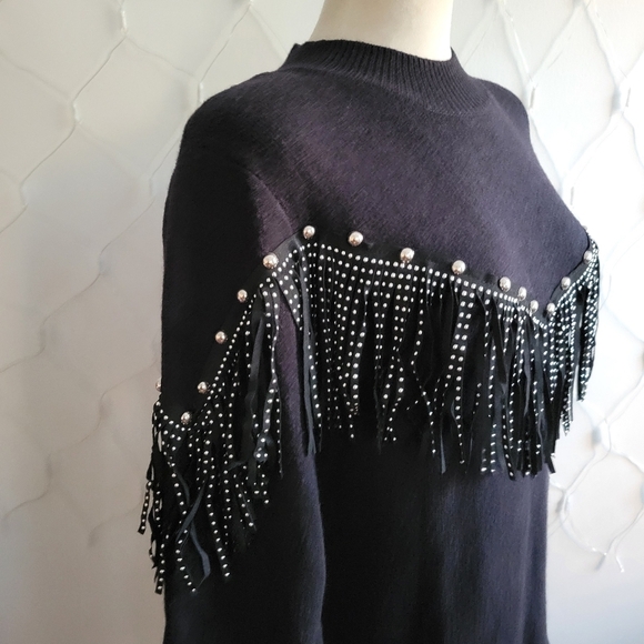 Akira Chic Black Sweater with Fringe and Studs / Size Small-Medium - Picture 3 of 5
